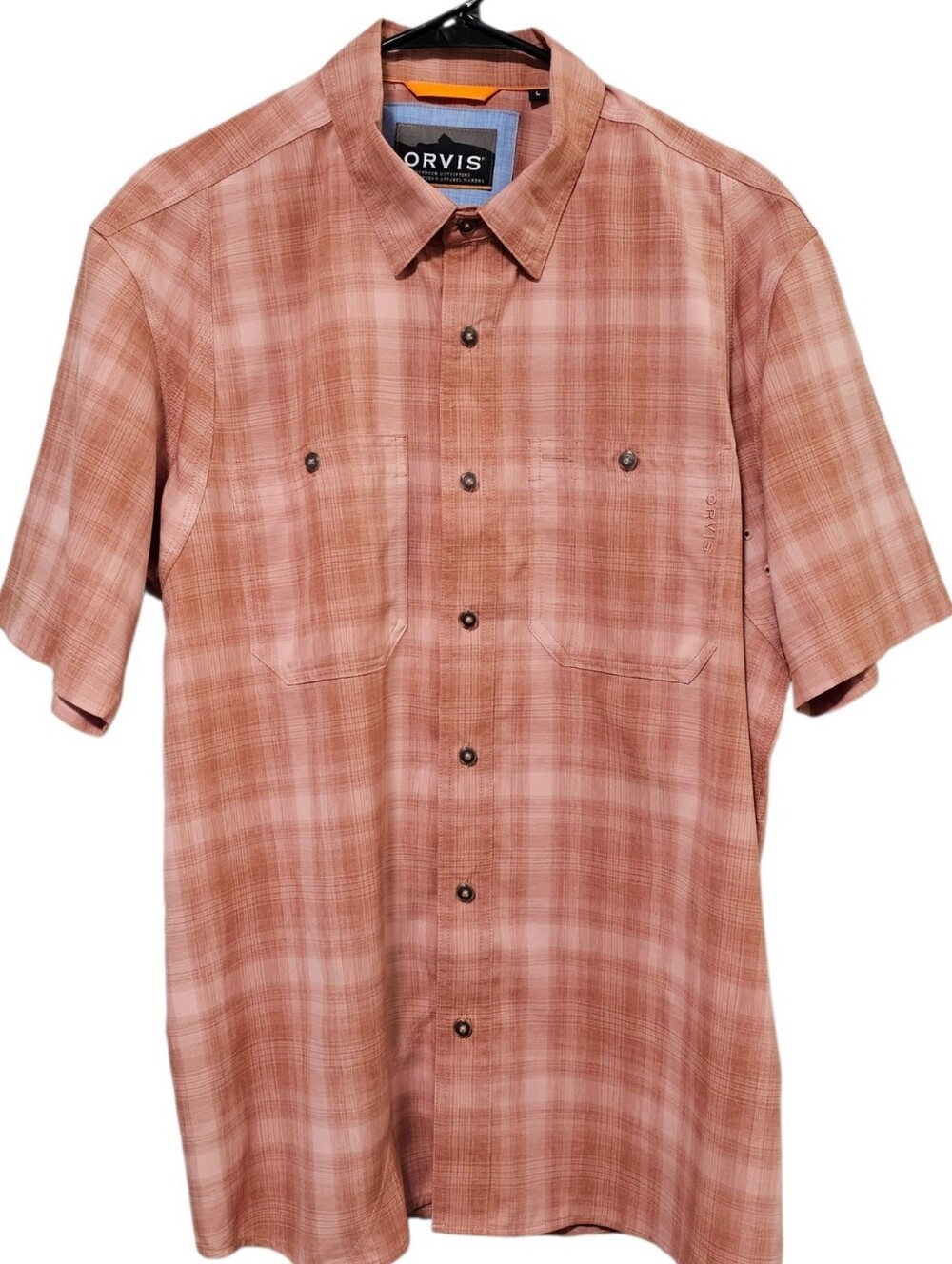 Orvis Men's Rust Orange Plaid Short Sleeve Button Down Size L